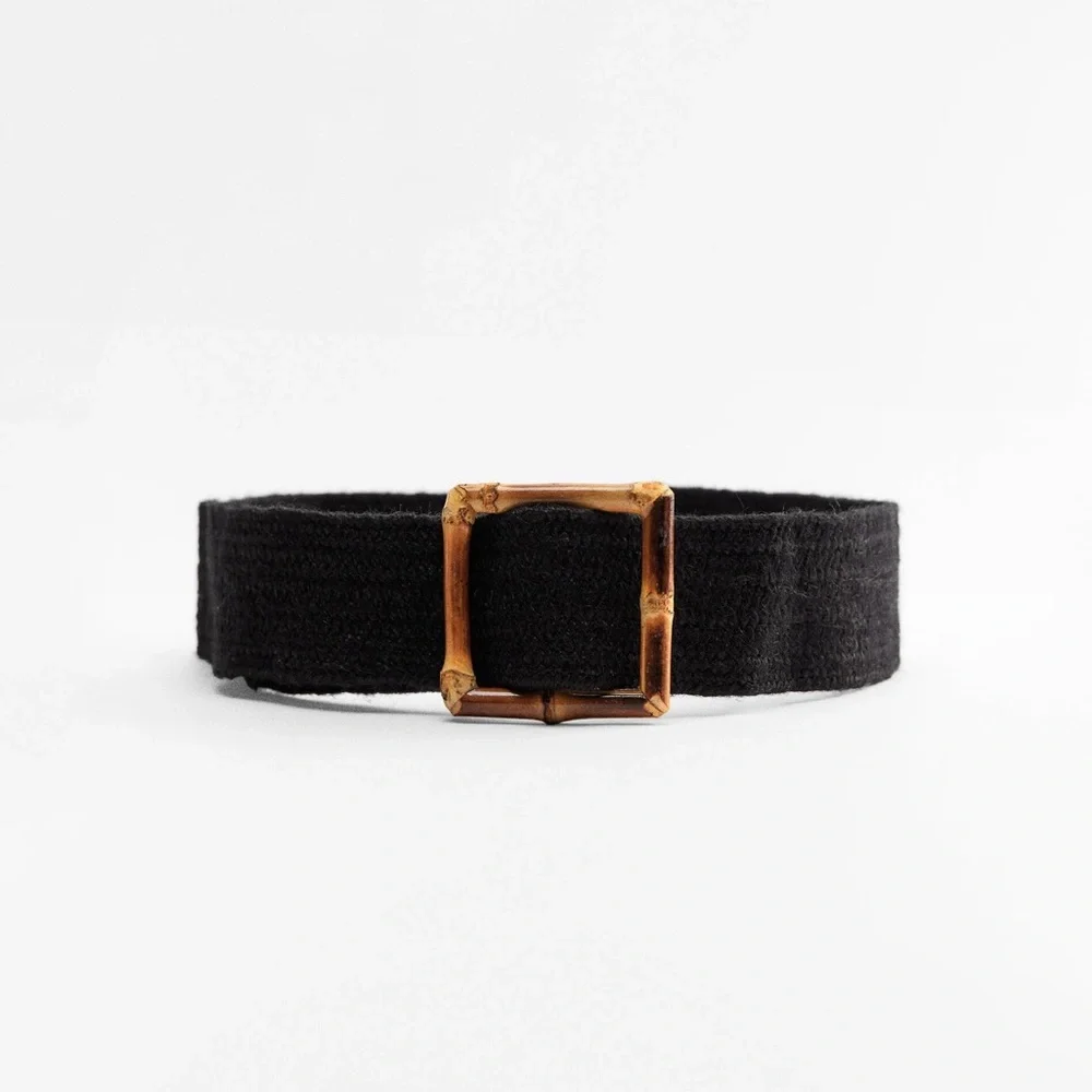 🌹NWOT . Zara Black Jute Elastic Belt with Square Buckle. Size 30.